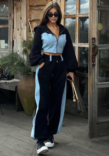 Women's Casual Fashion Hoodies Denim Patchwork Hooded Top and Pants Two-Piece Set