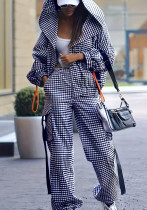 Spring Autumn Women's Fashion Casual Checkered Pocket Hooded Loose Two-Piece Pants Set