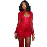 Autumn Women's Solid Color Lace-Up Sexy Lace Long Sleeve Ribbon Short Dress