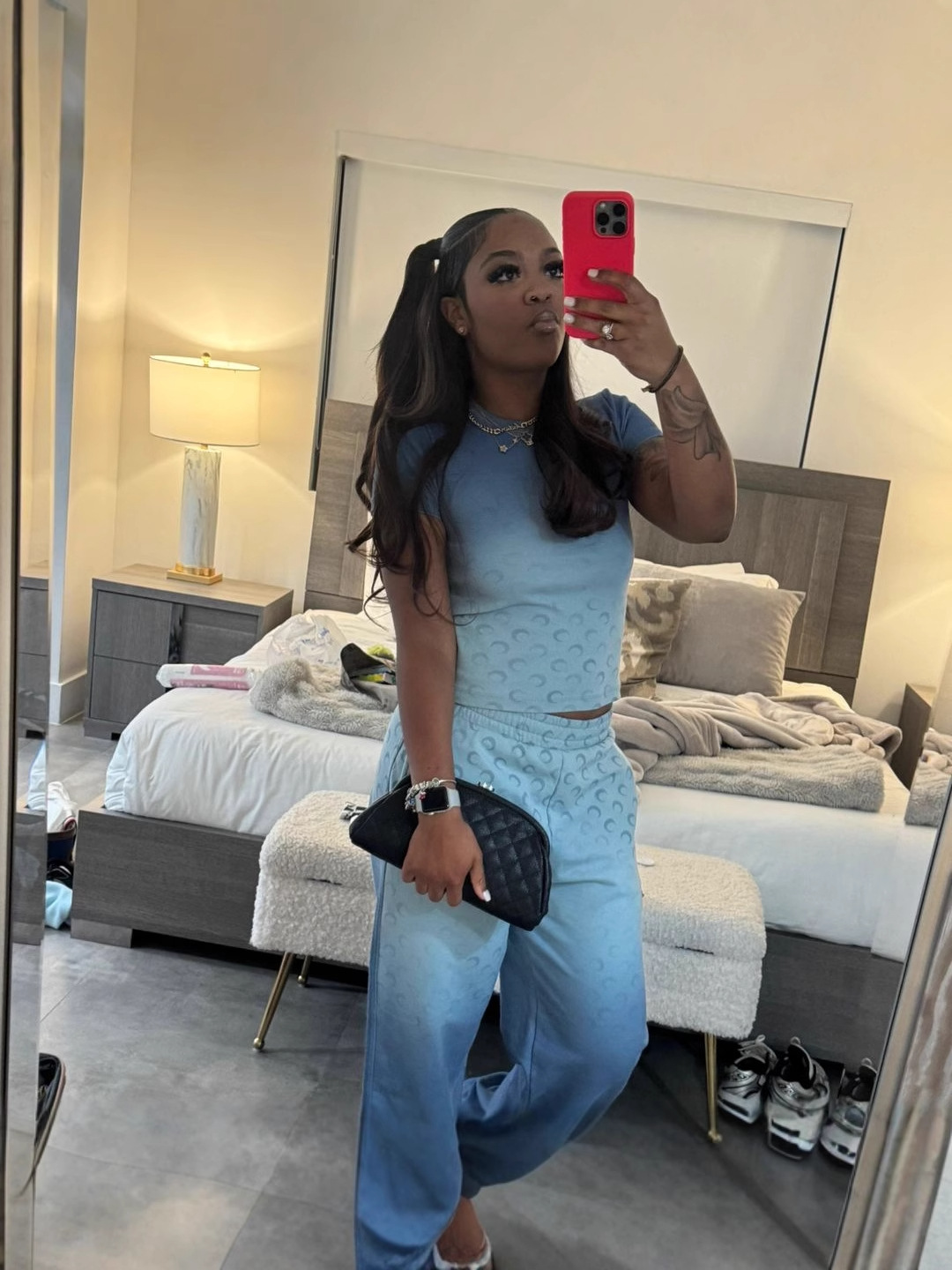 Autumn Women's Street Trend Style Slim Fit Moon Print Gradient Short Sleeve T-Shirt and Pants Two-Piece Set