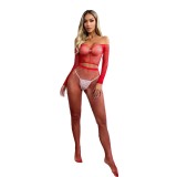 Women's Red Hollow Fishnet sexy Christmas Lingerie Set Seductive Pantyhose Rip Stockings
