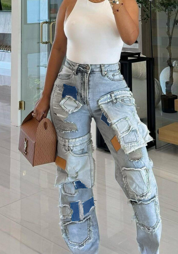 Women's Fashion Loose Straight Leg Washed Multi-Pocket Patchwork Applique Washed Street Denim Pants
