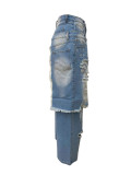 Autumn Winter Women's Fashion Denim Distressed Patchwork Destroyed Loose Straight Leg Pants