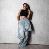 Autumn Winter Women's Fashion Denim Distressed Patchwork Destroyed Loose Straight Leg Pants