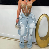 Autumn Winter Women's Fashion Denim Distressed Patchwork Destroyed Loose Straight Leg Pants