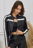 Autumn Women's Patchwork Color-Blocking Stripes PU Leather Jacket