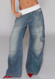 Women's Fashion Patchwork Ribbed Stretch Waist Loose Straight Leg Washed Street Denim Pants