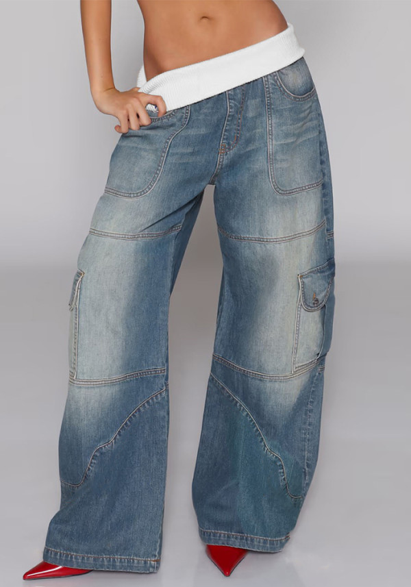 Women's Fashion Patchwork Ribbed Stretch Waist Loose Straight Leg Washed Street Denim Pants