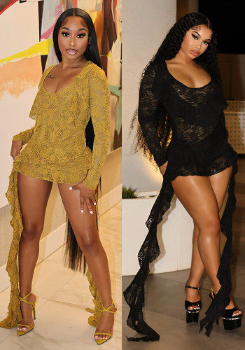 Autumn Winter Women's Sexy Lace Deep V-Neck Long Sleeve Irregular Ruffle Ribbon Bodycon Dress