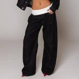 Women's Fashion Patchwork Ribbed Stretch Waist Loose Straight Leg Washed Street Denim Pants