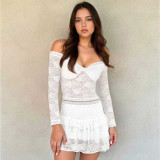 Women's Mesh Lace Trim Sexy Long Sleeve Top with Tiered Mini Skirt Two-Piece Set