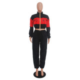 Women's Letter Print Color Block Patchwork Trench Hoodies Pants Set
