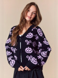 Autumn Winter Women's Halloween Jacquard V-Neck Cardigan Long Sleeve Sweater