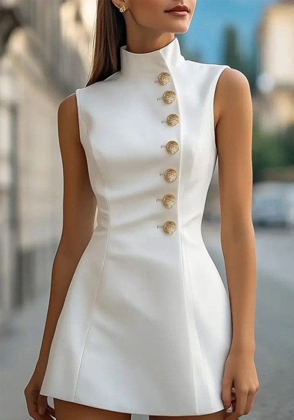 Autumn Women's Chic Slim Solid Color Stand Collar Sleeveless Blazer Dress