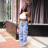 Women's Fashion Loose Straight Leg Washed Multi-Pocket Fashion Street Denim Pants