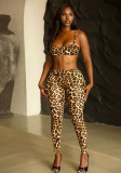 Women's Fashion Leopard Print Sexy Strap Crop Top with Tight Slim Pants Two-Piece Set