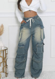 Women's Fashion Loose Straight Leg Washed Multi-Pocket Elastic Waist Street Denim Pants