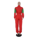 Women's Letter Print Color Block Patchwork Trench Hoodies Pants Set