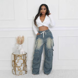 Women's Fashion Loose Straight Leg Washed Multi-Pocket Elastic Waist Street Denim Pants