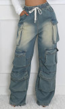 Women's Fashion Loose Straight Leg Washed Multi-Pocket Elastic Waist Street Denim Pants