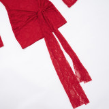 Autumn Women's Solid Color Lace-Up Sexy Lace Long Sleeve Ribbon Short Dress