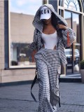 Spring Autumn Women's Fashion Casual Checkered Pocket Hooded Loose Two-Piece Pants Set