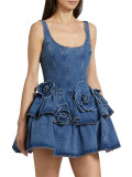 Autumn Women's Floral Layered Casual Style Denim Strap Dress