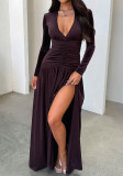 Autumn Winter Women's Elegant Deep V-Neck Long Sleeve Long Dress