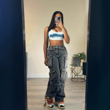 Women's Fashion Loose Straight Leg Washed Multi-Pocket Fashion Street Denim Pants