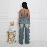Women's Fashion Loose Straight Leg Washed Multi-Pocket Elastic Waist Street Denim Pants