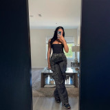 Women's Fashion Loose Straight Leg Washed Multi-Pocket Fashion Street Denim Pants