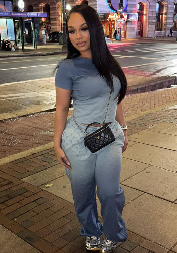 Autumn Women's Street Trend Style Slim Fit Moon Print Gradient Short Sleeve T-Shirt and Pants Two-Piece Set