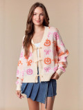 Autumn Winter Women's Halloween Jacquard V-Neck Cardigan Long Sleeve Sweater