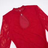 Autumn Women's Solid Color Lace-Up Sexy Lace Long Sleeve Ribbon Short Dress