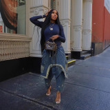 Women's Fashion Washed Ripped Loose Denim Patchwork Pants