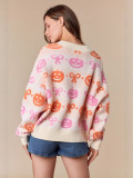 Autumn Winter Women's Halloween Jacquard V-Neck Cardigan Long Sleeve Sweater