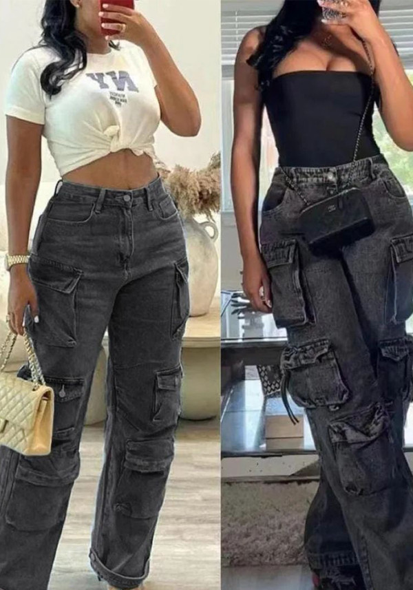 Women's Fashion Loose Straight Leg Washed Multi-Pocket Fashion Street Denim Pants