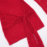 Autumn Women's Solid Color Lace-Up Sexy Lace Long Sleeve Ribbon Short Dress