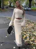 Women's Solid Color Fashion Bodycon Twisted Rope Belt Fringe Hem Long Skirt
