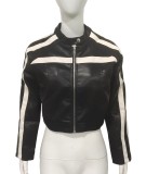 Autumn Women's Patchwork Color-Blocking Stripes PU Leather Jacket