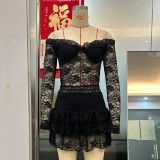 Women's Mesh Lace Trim Sexy Long Sleeve Top with Tiered Mini Skirt Two-Piece Set