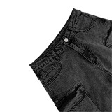 Women's Fashion Loose Straight Leg Washed Multi-Pocket Fashion Street Denim Pants