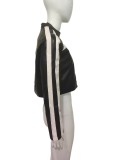 Autumn Women's Patchwork Color-Blocking Stripes PU Leather Jacket