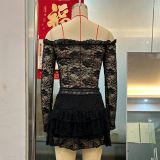 Women's Mesh Lace Trim Sexy Long Sleeve Top with Tiered Mini Skirt Two-Piece Set