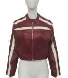 Autumn Women's Patchwork Color-Blocking Stripes PU Leather Jacket