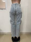 Women's Fashion Loose Straight Leg Washed Multi-Pocket Fashion Street Denim Pants