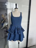 Autumn Women's Floral Layered Casual Style Denim Strap Dress