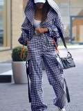 Spring Autumn Women's Fashion Casual Checkered Pocket Hooded Loose Two-Piece Pants Set