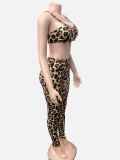 Women's Fashion Leopard Print Sexy Strap Crop Top with Tight Slim Pants Two-Piece Set