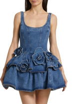 Autumn Women's Floral Layered Casual Style Denim Strap Dress